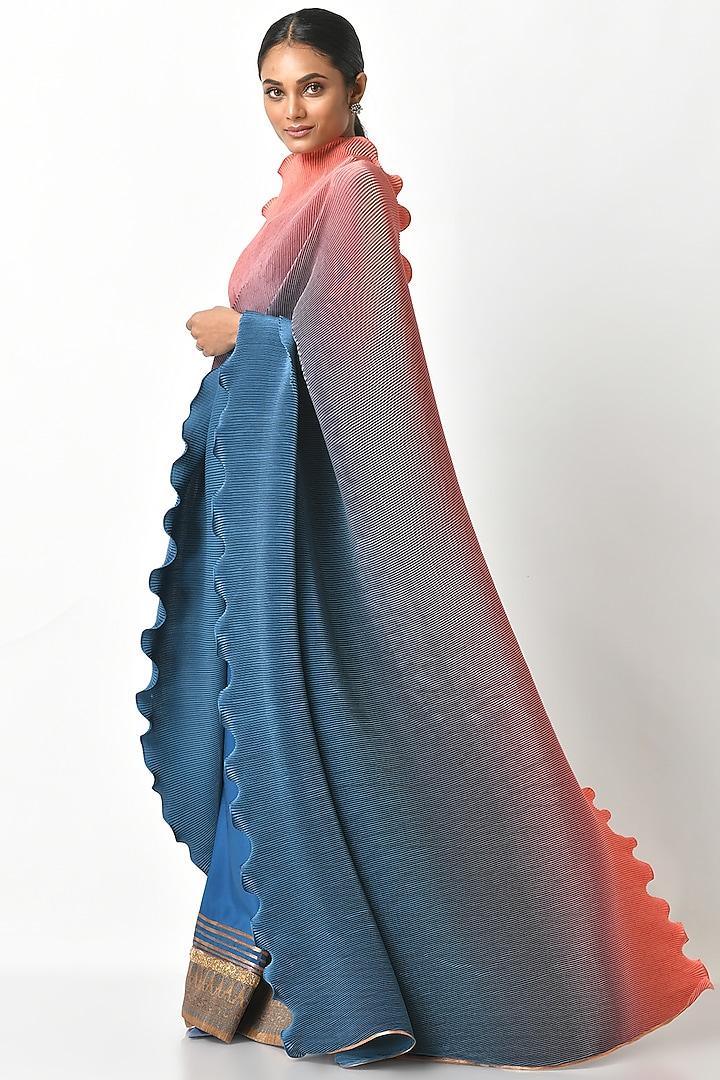 Coral & Navy Blue Pleated Wedding Saree Set by Kiran Uttam Ghosh at Pernia's Pop Up Shop
