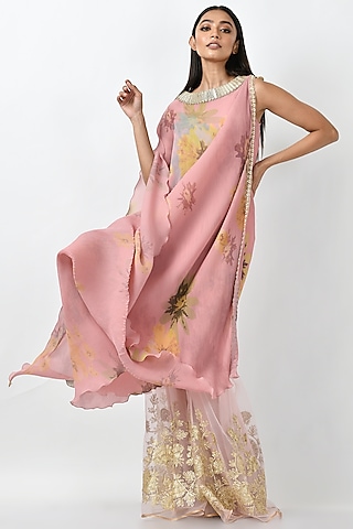 Peach Sepia Printed Draped Kurta by Kiran Uttam Ghosh