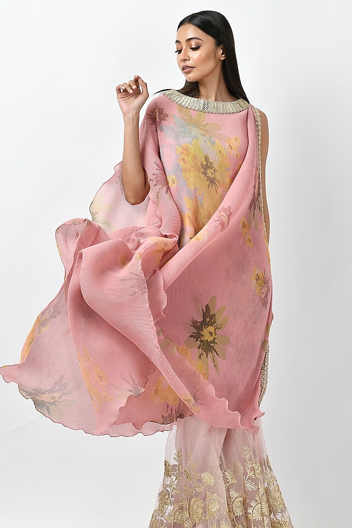 Peach Sepia Printed Draped Kurta by Kiran Uttam Ghosh at Pernia's Pop Up Shop