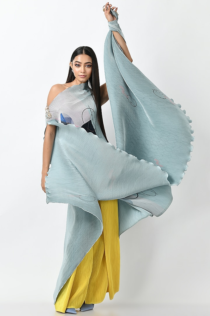 Yellow Polyester Pleated Trousers by Kiran Uttam Ghosh