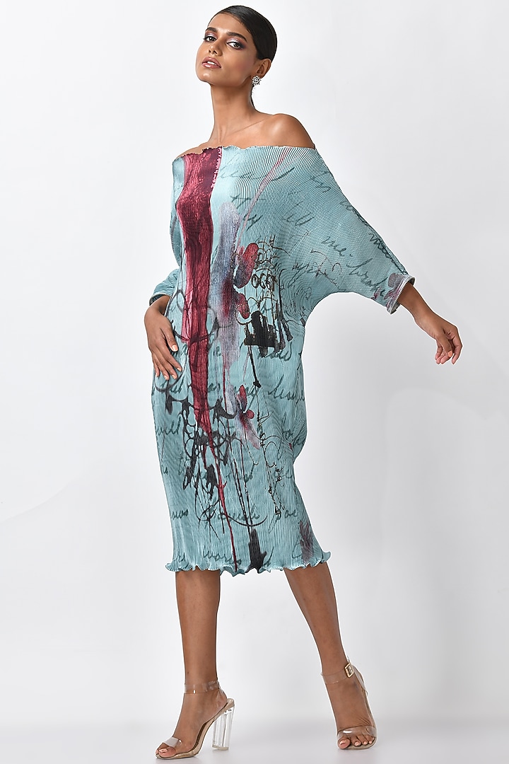 Blue Pleated Polyester Mix Printed Cocoon Vacation Dress by Kiran Uttam Ghosh at Pernia's Pop Up Shop