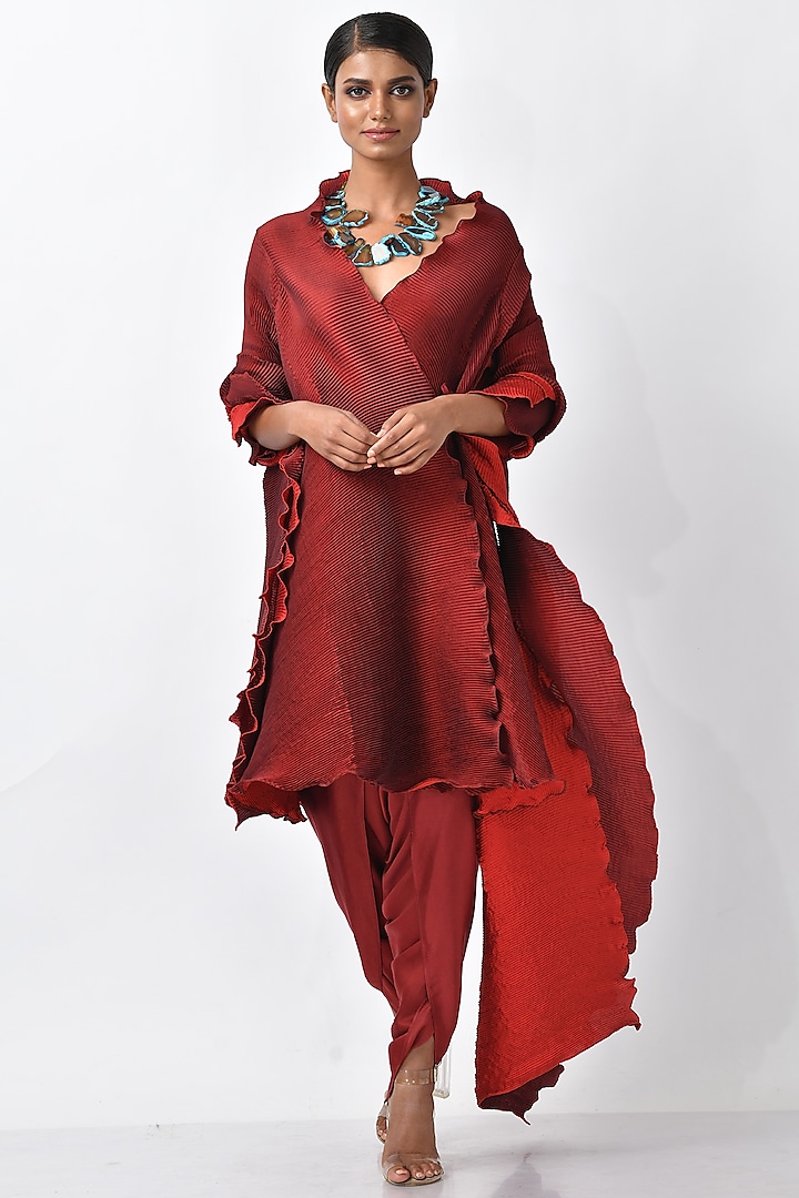 Merlot Pleated Polyester Mix Wrap by Kiran Uttam Ghosh