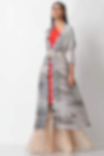 Grey Printed Angrakha Jacket by Kiran Uttam Ghosh at Pernia's Pop Up Shop