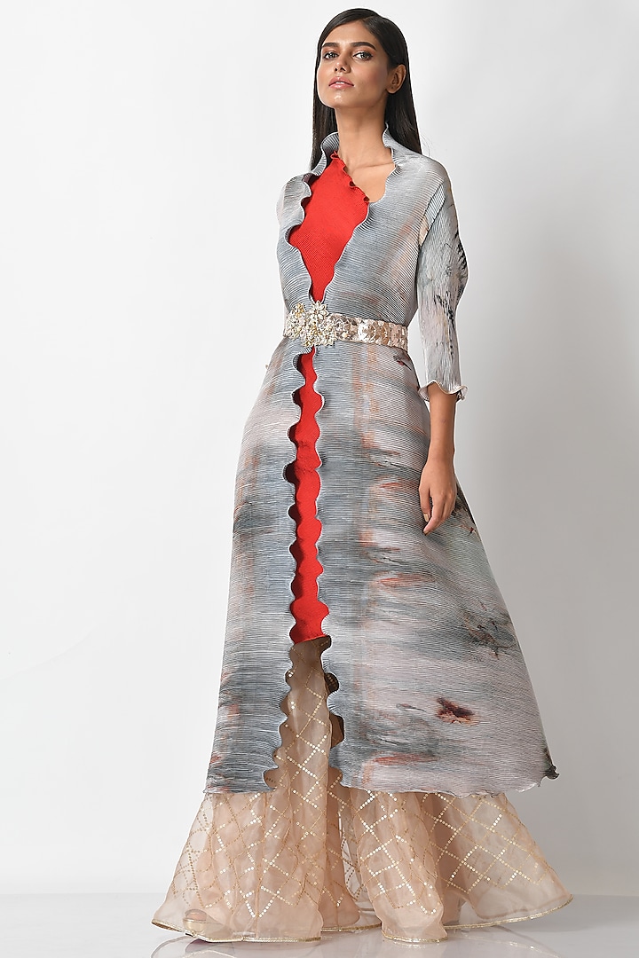 Grey Printed Angrakha Jacket by Kiran Uttam Ghosh at Pernia's Pop Up Shop