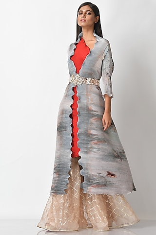 Grey Printed Angrakha Jacket by Kiran Uttam Ghosh