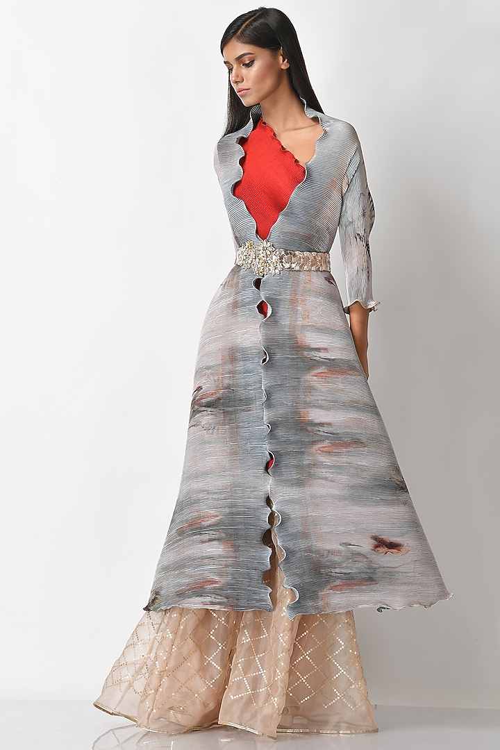 Grey Printed Angrakha Jacket by Kiran Uttam Ghosh at Pernia's Pop Up Shop