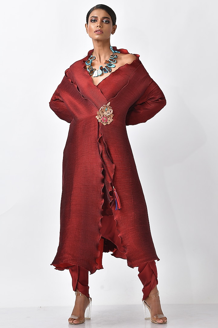 Merlot Hand Embroidered Angrakha Jacket by Kiran Uttam Ghosh
