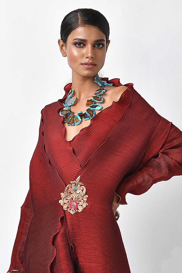 Merlot Hand Embroidered Angrakha Jacket by Kiran Uttam Ghosh at Pernia's Pop Up Shop
