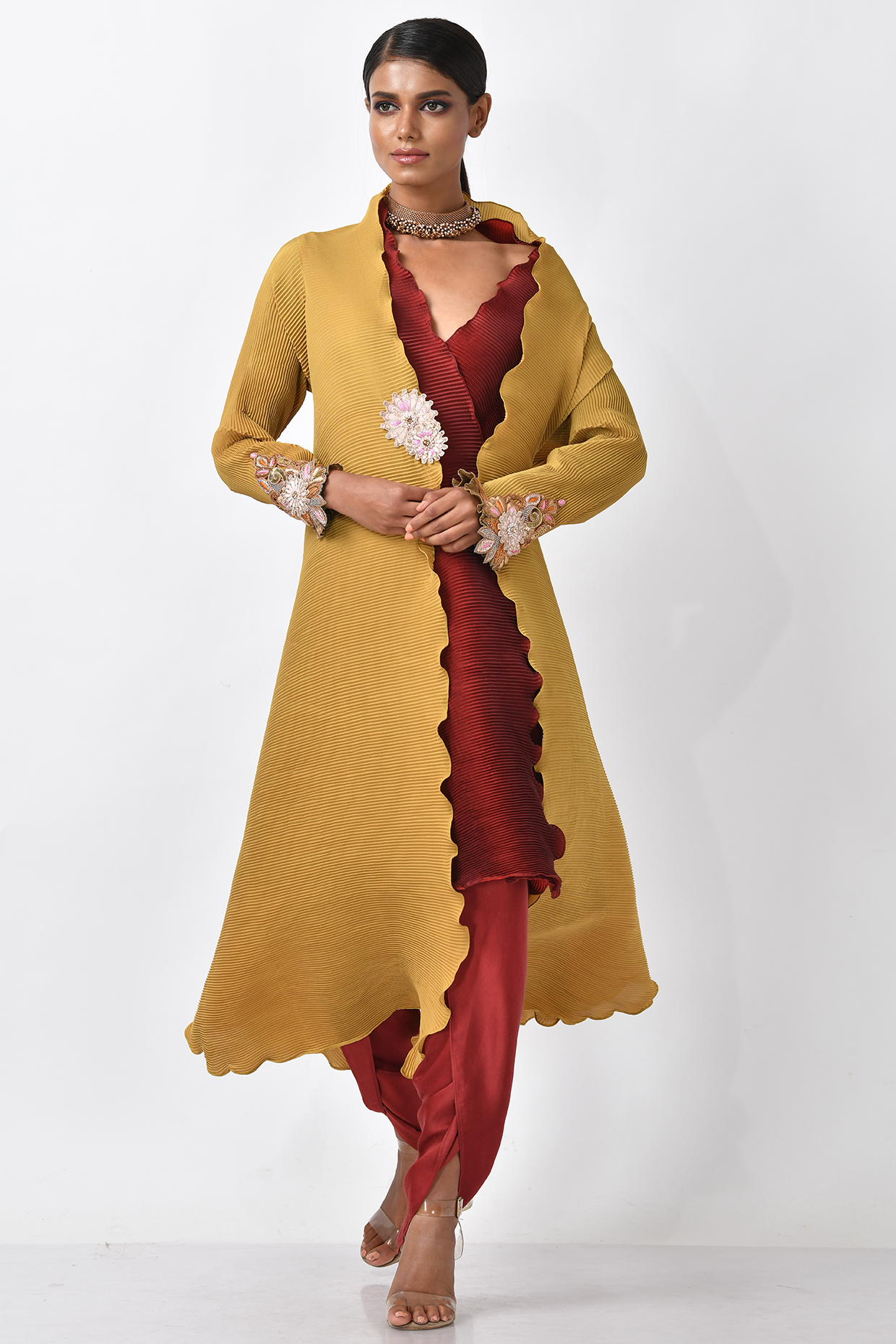 Mustard Hand Embroidered Jacket by Kiran Uttam Ghosh