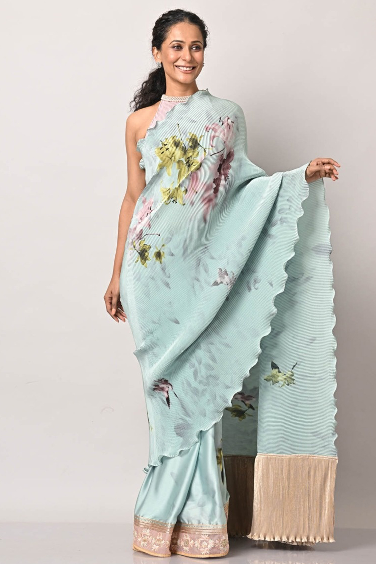 Mint & Salmon Pleated Polyester Mix Hand Embroidered Wedding Saree Set by Kiran Uttam Ghosh at Pernia's Pop Up Shop