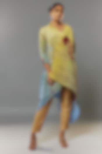 Yellow & Powder Blue Pleated Polyester Kurta by Kiran Uttam Ghosh at Pernia's Pop Up Shop