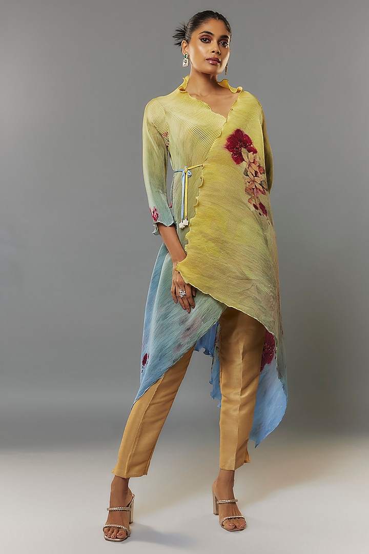 Yellow & Powder Blue Pleated Polyester Kurta by Kiran Uttam Ghosh at Pernia's Pop Up Shop