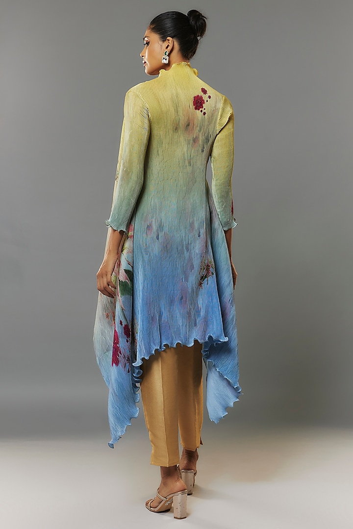 Yellow & Powder Blue Pleated Polyester Kurta by Kiran Uttam Ghosh at Pernia's Pop Up Shop