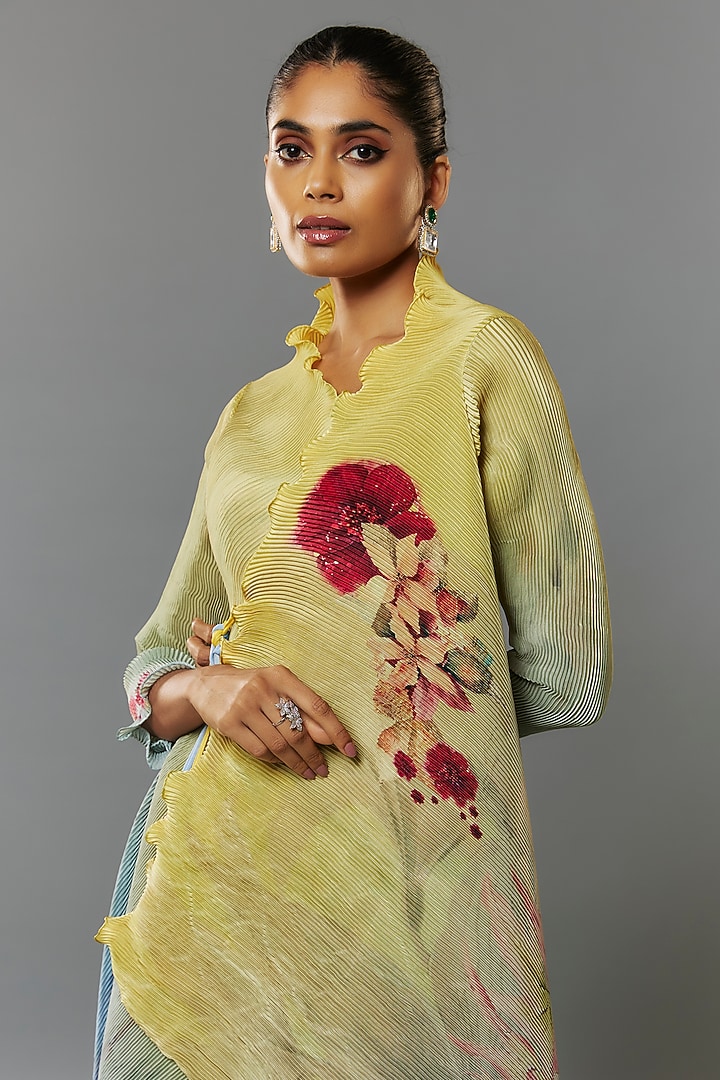 Yellow & Powder Blue Pleated Polyester Kurta by Kiran Uttam Ghosh at Pernia's Pop Up Shop