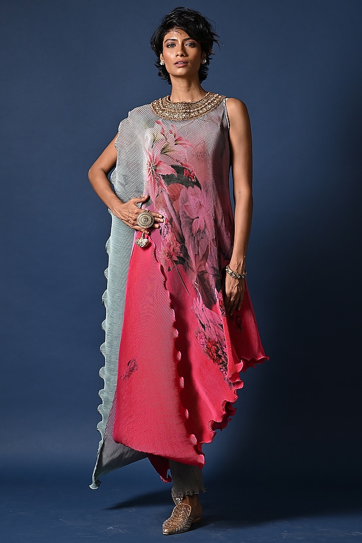 Sage Green & Fuchsia Ombre Pleated Polyester Digital Printed Draped Tunic by Kiran Uttam Ghosh at Pernia's Pop Up Shop