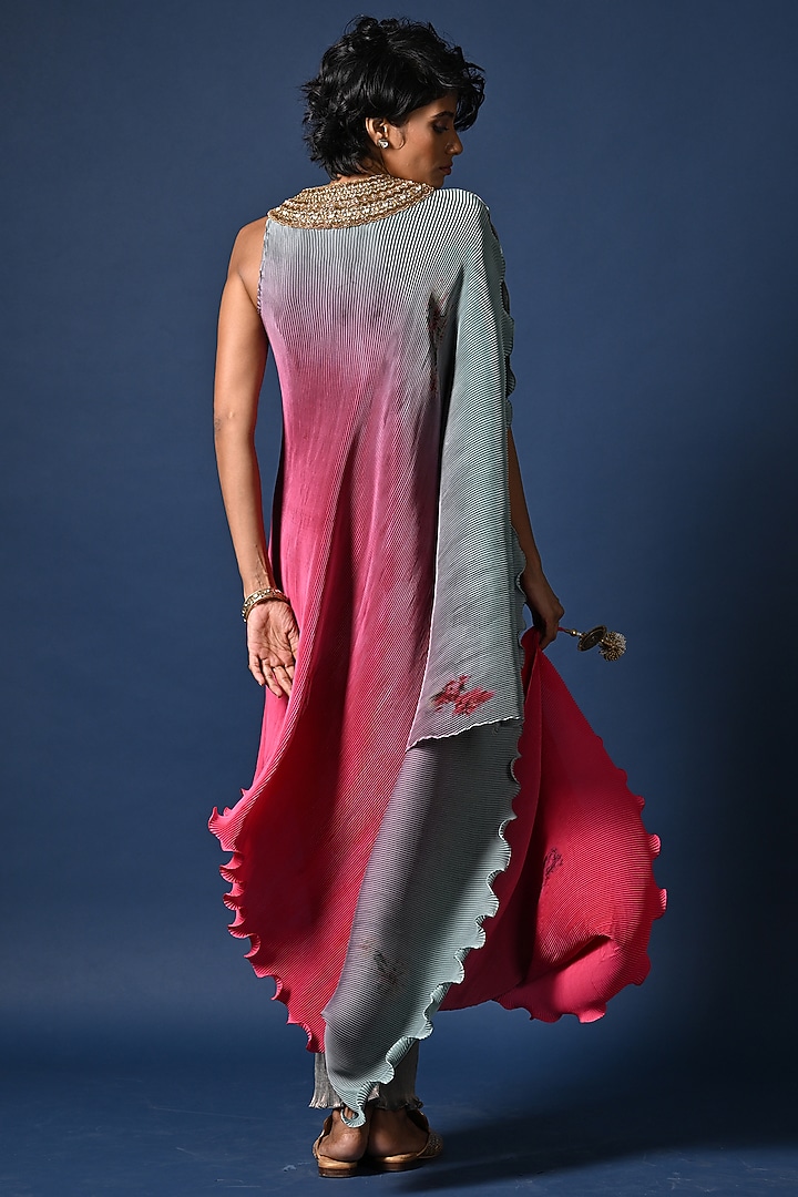 Sage Green & Fuchsia Ombre Pleated Polyester Digital Printed Draped Tunic by Kiran Uttam Ghosh at Pernia's Pop Up Shop