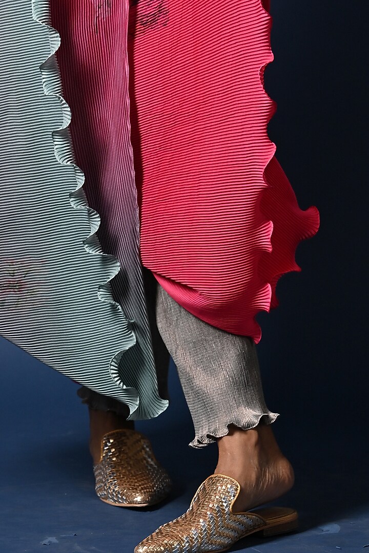 Sage Green & Fuchsia Ombre Pleated Polyester Digital Printed Draped Tunic by Kiran Uttam Ghosh at Pernia's Pop Up Shop