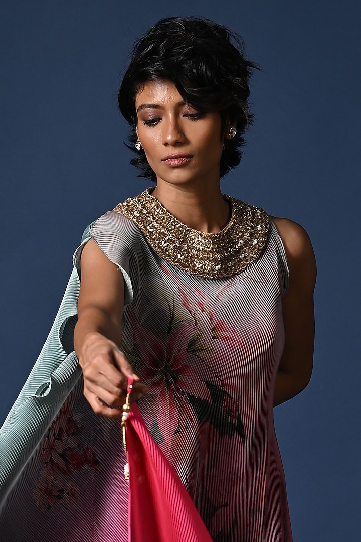 Sage Green & Fuchsia Ombre Pleated Polyester Digital Printed Draped Tunic by Kiran Uttam Ghosh at Pernia's Pop Up Shop