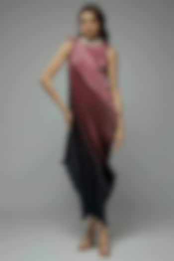 Pink Ombre Pleated Polyester Hand & Machine Embroidered Dress With Drape by Kiran Uttam Ghosh