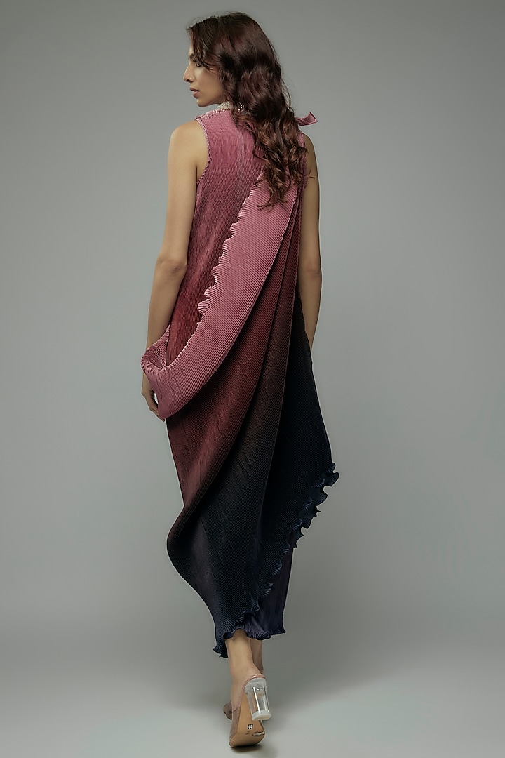 Pink Ombre Pleated Polyester Hand & Machine Embroidered Cocktail Dress With Drape by Kiran Uttam Ghosh at Pernia's Pop Up Shop