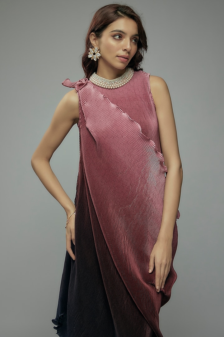 Pink Ombre Pleated Polyester Hand & Machine Embroidered Cocktail Dress With Drape by Kiran Uttam Ghosh at Pernia's Pop Up Shop