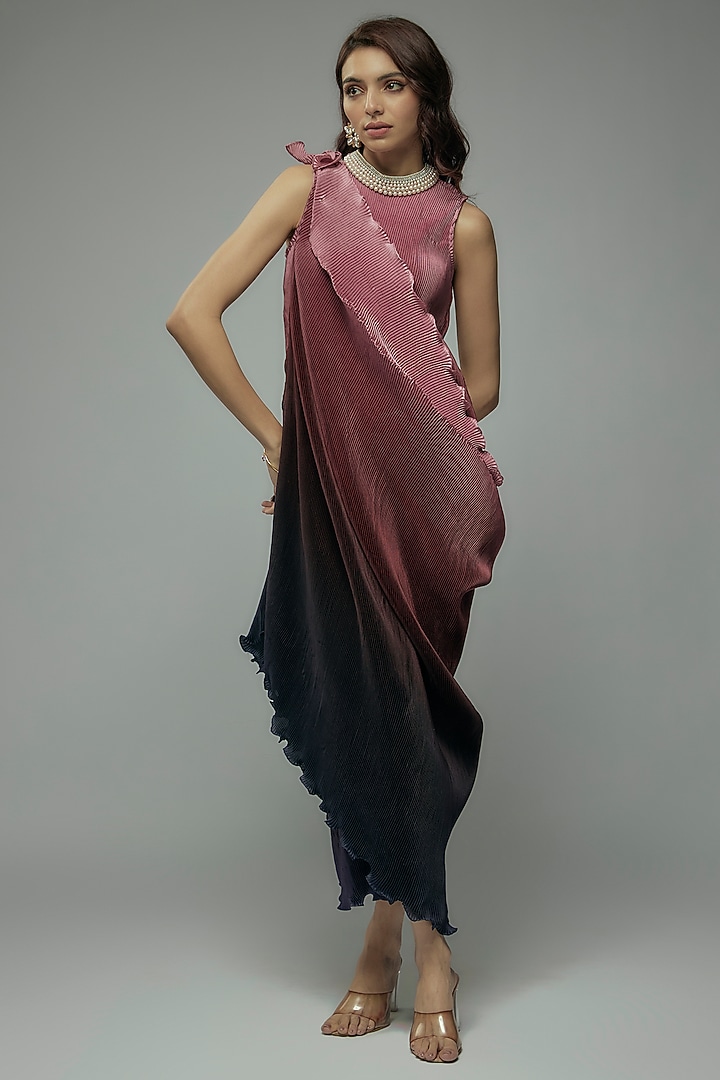 Pink Ombre Pleated Polyester Hand & Machine Embroidered Cocktail Dress With Drape by Kiran Uttam Ghosh at Pernia's Pop Up Shop