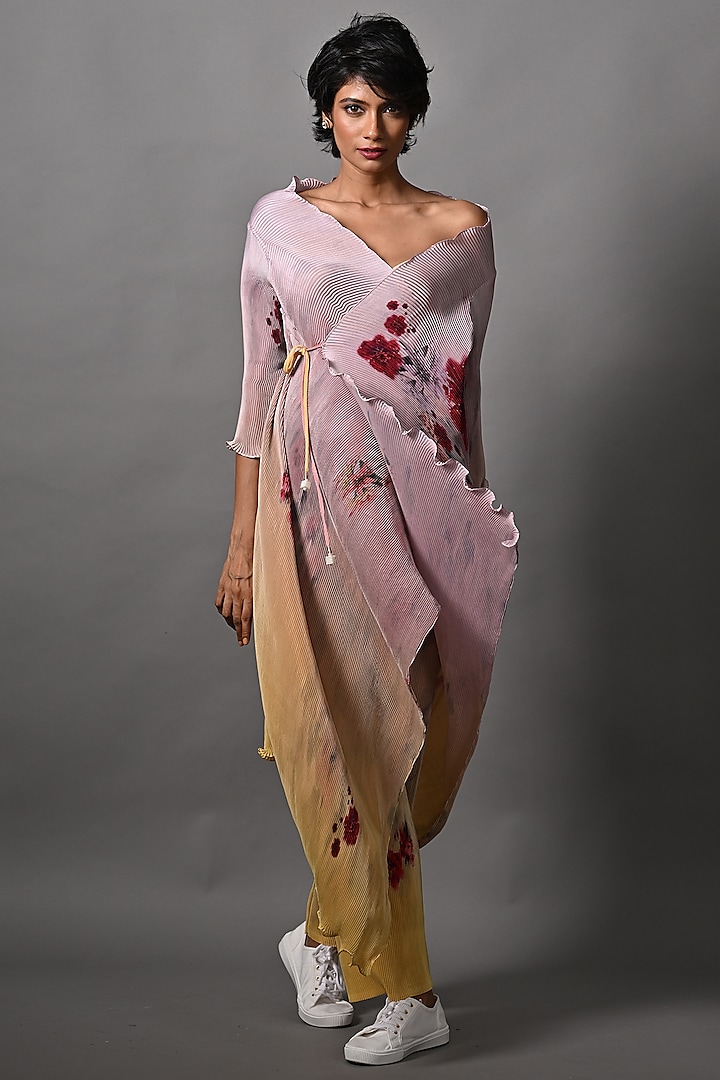 Salmon Pink & Yellow Ombre Pleated Polyester Wrapped Cape by Kiran Uttam Ghosh
