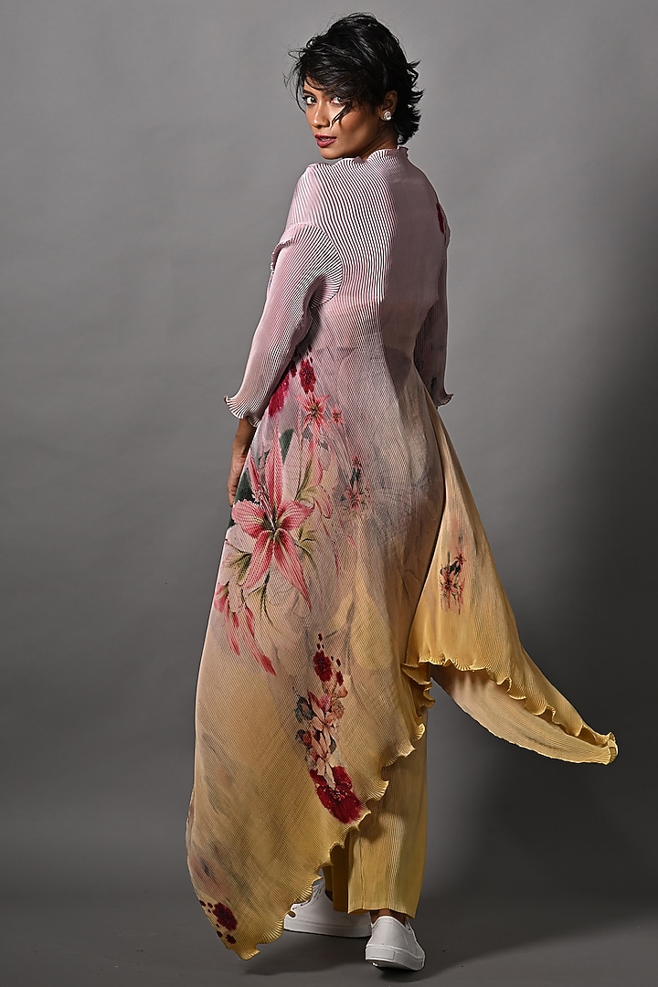 Salmon Pink & Yellow Ombre Pleated Polyester Wrapped Cape by Kiran Uttam Ghosh at Pernia's Pop Up Shop