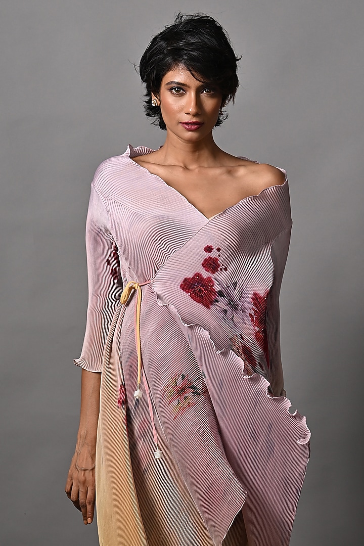 Salmon Pink & Yellow Ombre Pleated Polyester Wrapped Cape by Kiran Uttam Ghosh at Pernia's Pop Up Shop