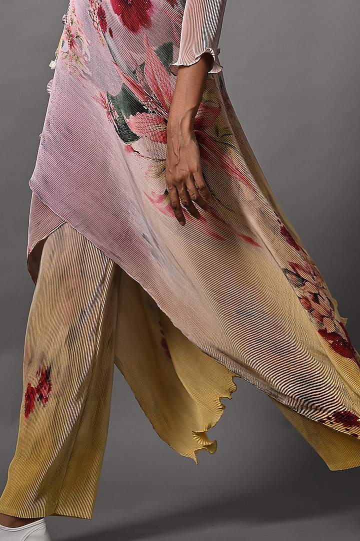 Salmon Pink & Yellow Ombre Pleated Polyester Wrapped Cape by Kiran Uttam Ghosh at Pernia's Pop Up Shop