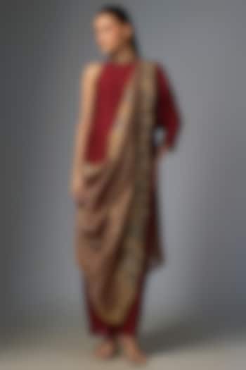 Merlot Viscose Satin Hand Embroidered Draped Wedding Gown Saree by Kiran Uttam Ghosh at Pernia's Pop Up Shop