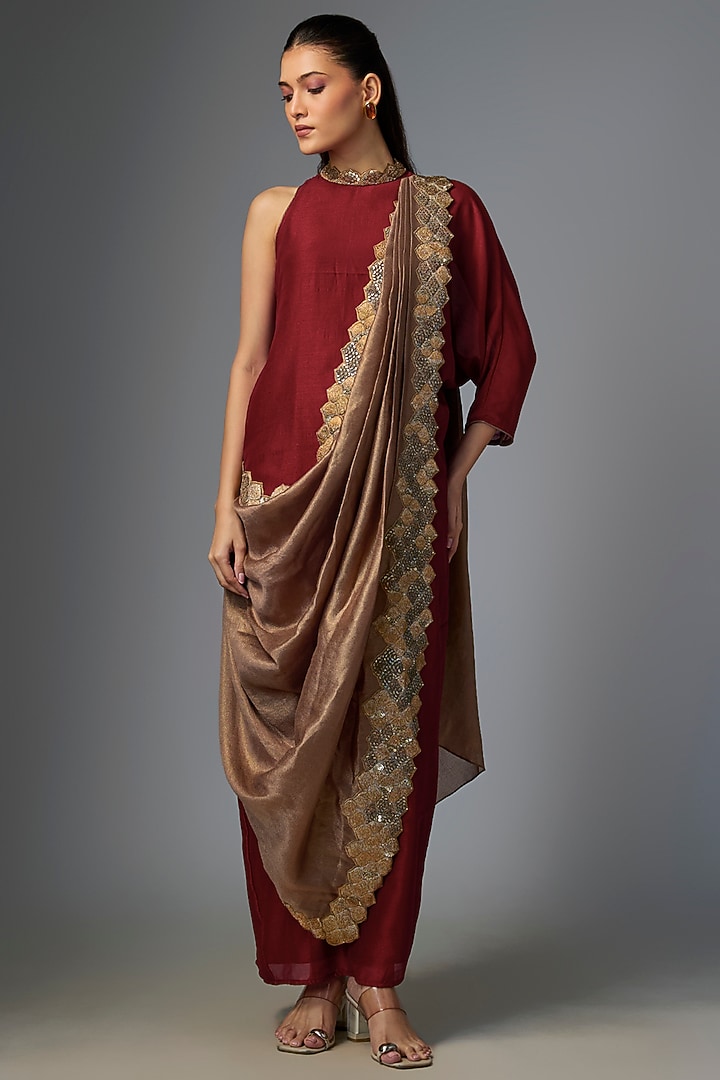 Merlot Viscose Satin Hand Embroidered Draped Wedding Gown Saree by Kiran Uttam Ghosh at Pernia's Pop Up Shop