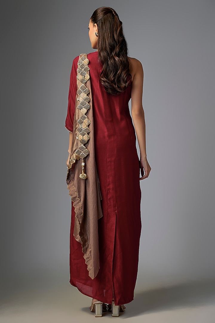 Merlot Viscose Satin Hand Embroidered Draped Wedding Gown Saree by Kiran Uttam Ghosh at Pernia's Pop Up Shop
