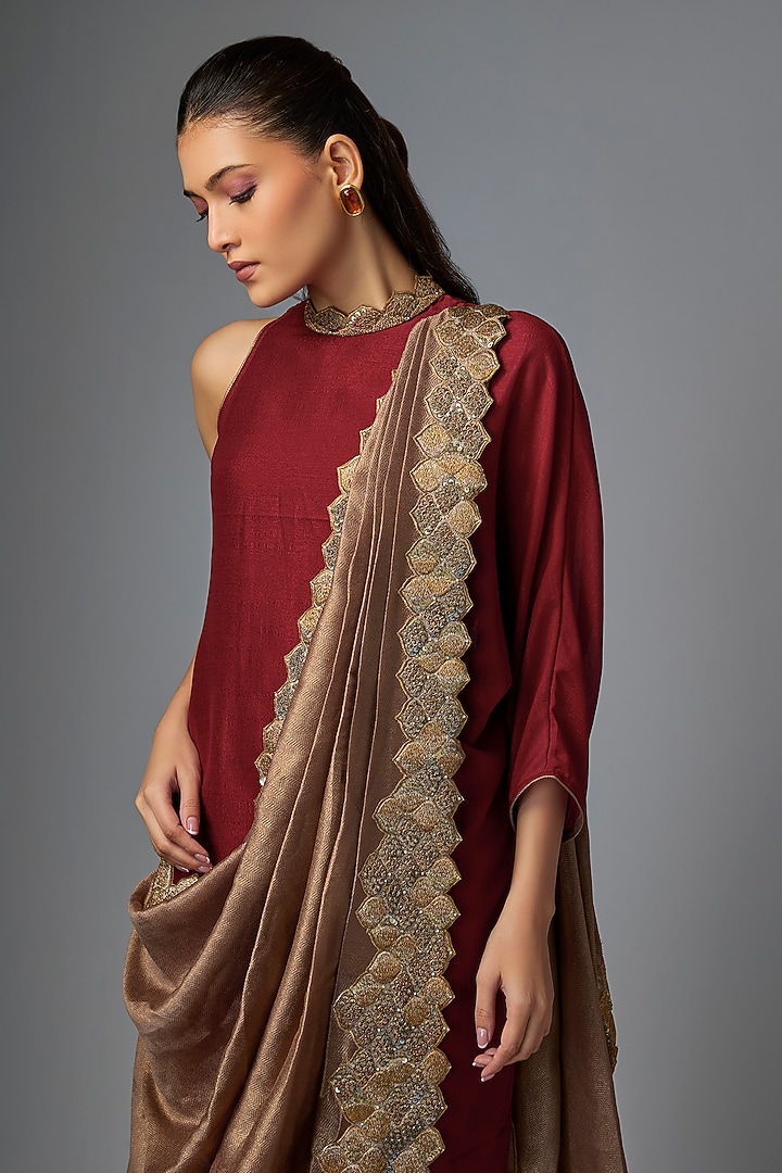 Merlot Viscose Satin Hand Embroidered Draped Wedding Gown Saree by Kiran Uttam Ghosh at Pernia's Pop Up Shop