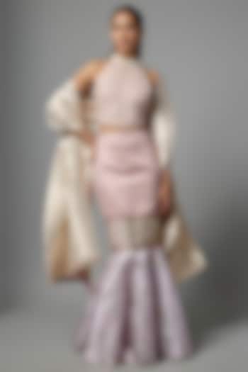 Salmon Pink Pleated Polyester Fluted Skirt Set by Kiran Uttam Ghosh at Pernia's Pop Up Shop