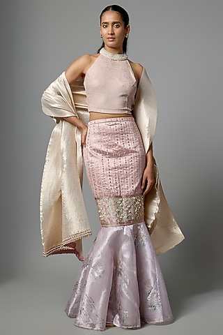 Salmon Pink Pleated Polyester Fluted Skirt Set by Kiran Uttam Ghosh