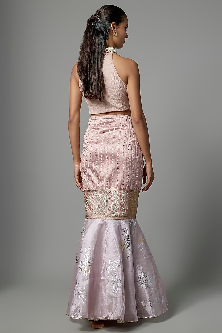 Salmon Pink Pleated Polyester Fluted Skirt Set by Kiran Uttam Ghosh at Pernia's Pop Up Shop