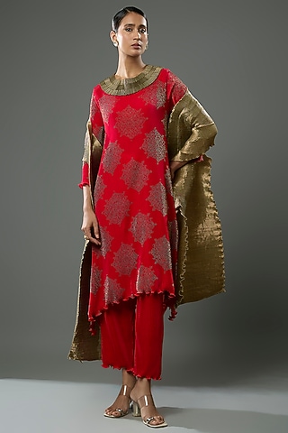 Red Pleated Polyester Embroidered Kaftan Set by Kiran Uttam Ghosh