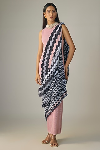 Pink Pleated Polyester Draped Maxi Dress by Kiran Uttam Ghosh