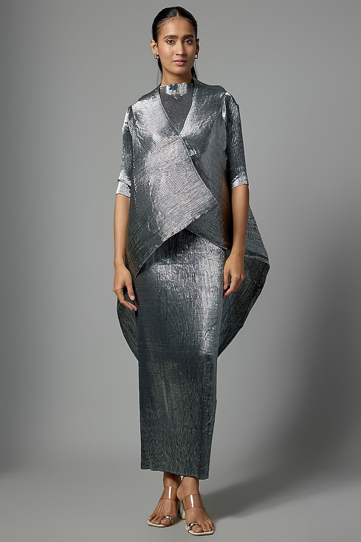 Grey Pleated Polyester Cocktail Dress by Kiran Uttam Ghosh at Pernia's Pop Up Shop