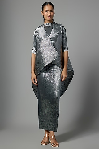 Grey Pleated Polyester Dress by Kiran Uttam Ghosh