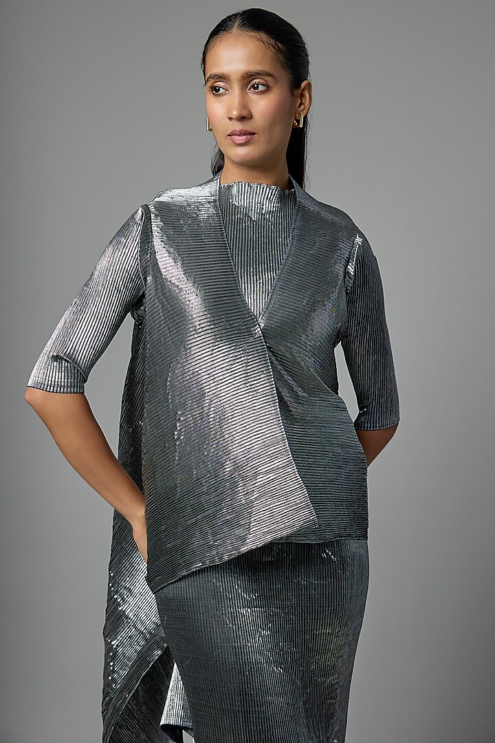 Grey Pleated Polyester Cocktail Dress by Kiran Uttam Ghosh at Pernia's Pop Up Shop