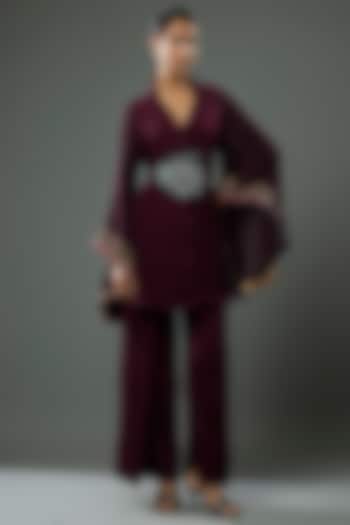 Blackberry Pleated Polyester & Georgette Pant Set by Kiran Uttam Ghosh at Pernia's Pop Up Shop