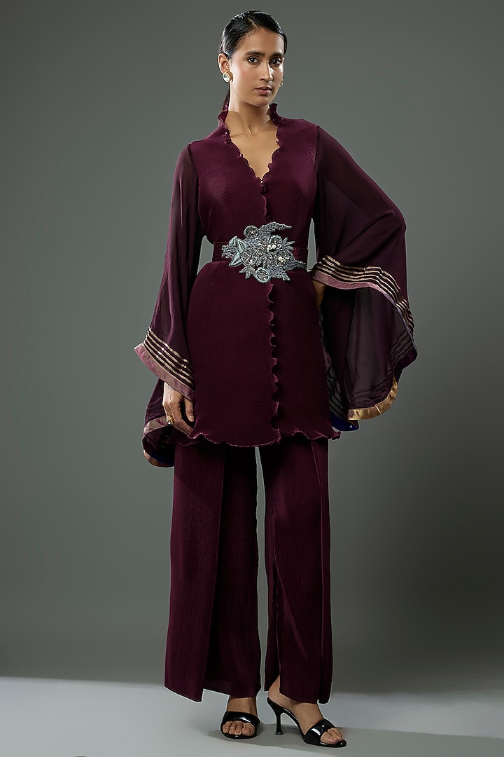 Blackberry Pleated Polyester & Georgette Pant Set by Kiran Uttam Ghosh at Pernia's Pop Up Shop
