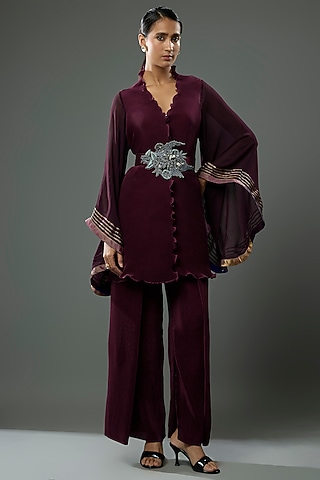 Blackberry Pleated Polyester & Georgette Pant Set by Kiran Uttam Ghosh