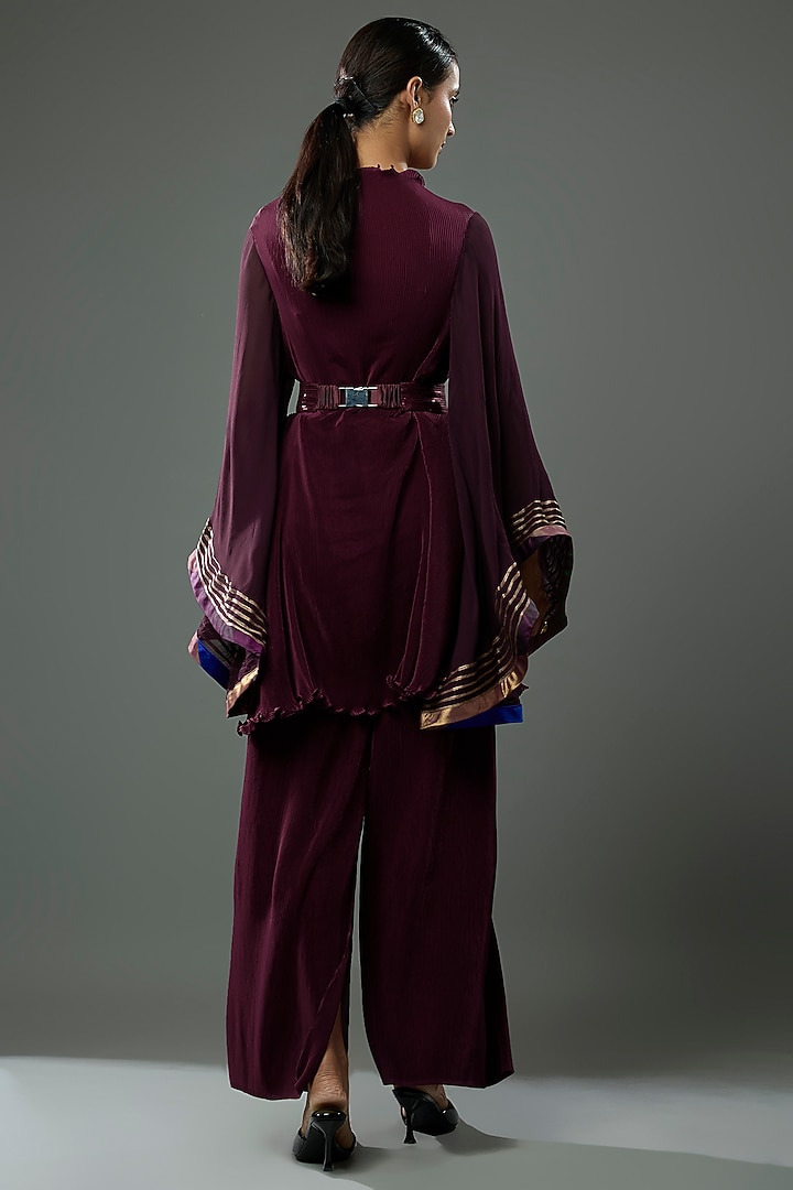 Blackberry Pleated Polyester & Georgette Pant Set by Kiran Uttam Ghosh at Pernia's Pop Up Shop