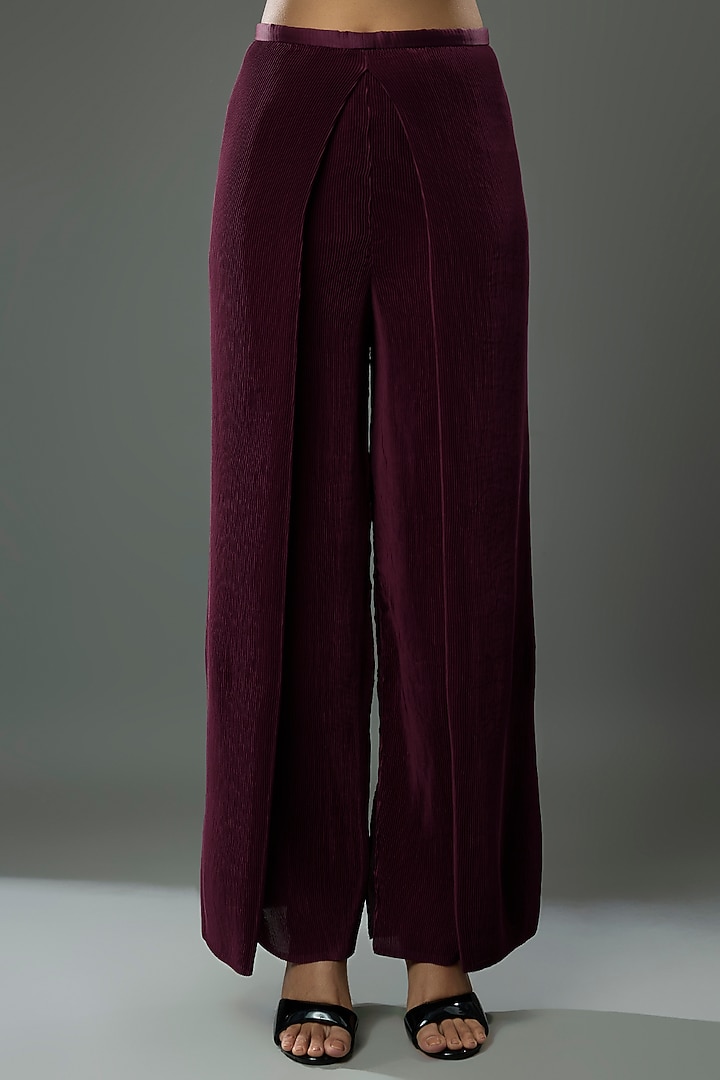 Blackberry Pleated Polyester & Georgette Pant Set by Kiran Uttam Ghosh at Pernia's Pop Up Shop