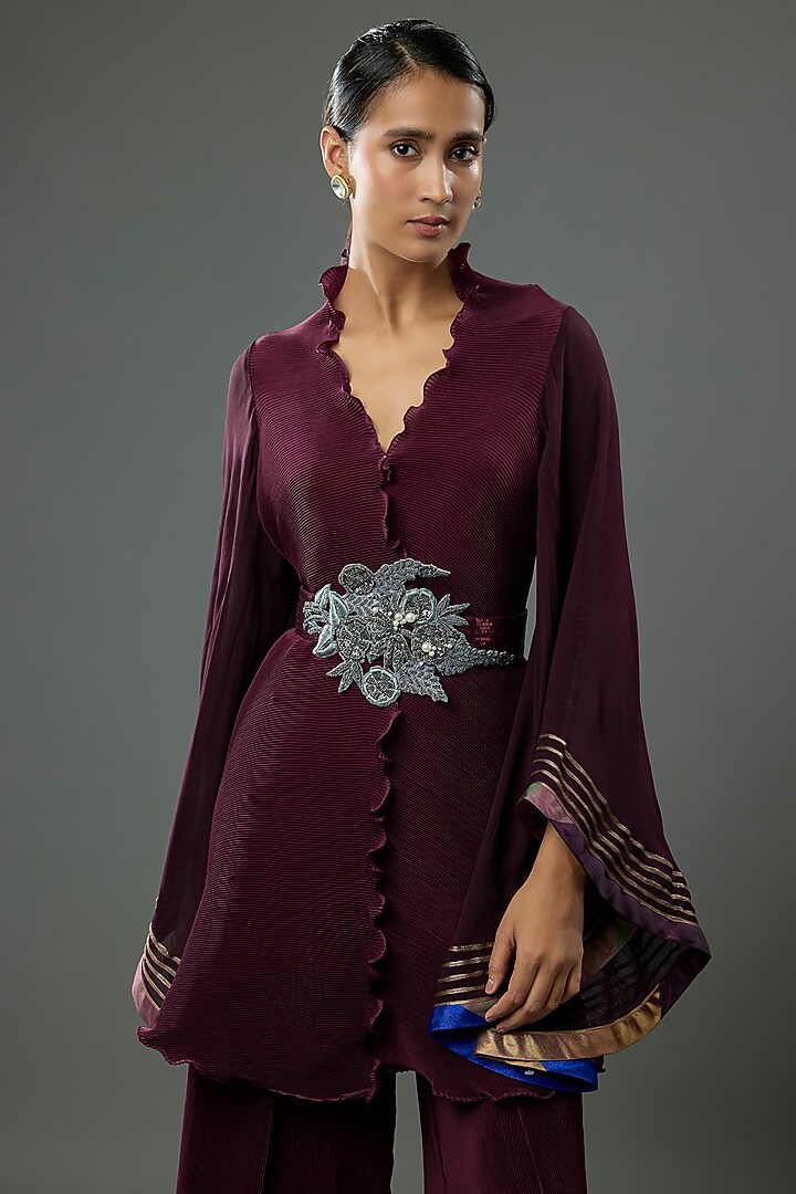Blackberry Pleated Polyester & Georgette Pant Set by Kiran Uttam Ghosh at Pernia's Pop Up Shop