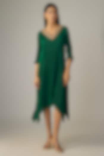 Emerald Green Pleated Polyester Mini Kaftan Cocktail Dress by Kiran Uttam Ghosh at Pernia's Pop Up Shop