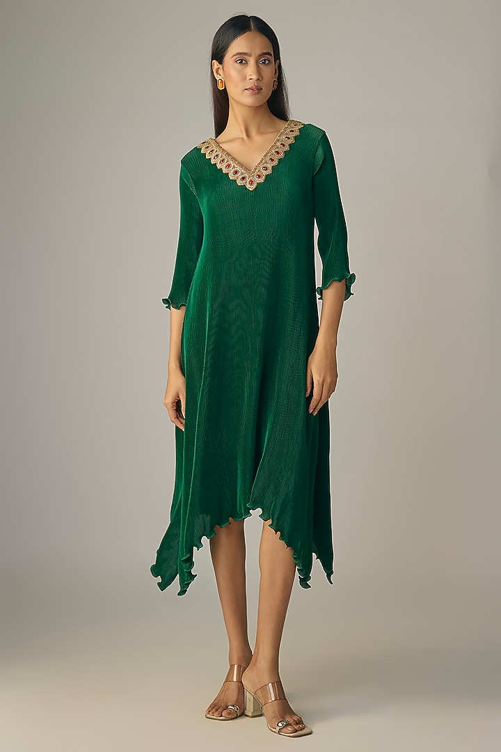 Emerald Green Pleated Polyester Mini Kaftan Cocktail Dress by Kiran Uttam Ghosh at Pernia's Pop Up Shop
